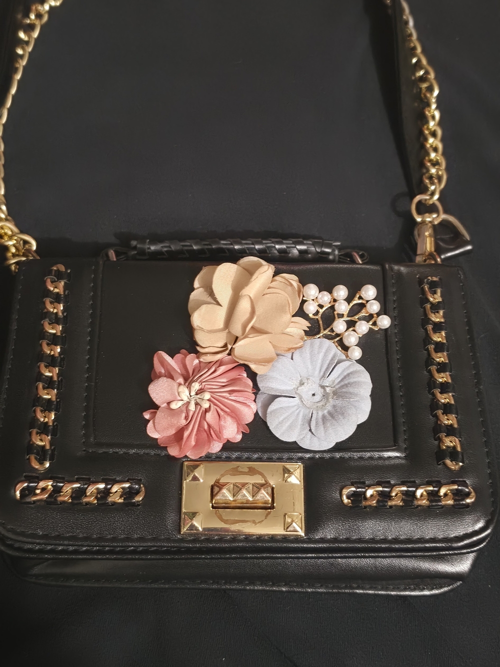 Black Floral Appliqué Crossbody Bag with Gold Chain